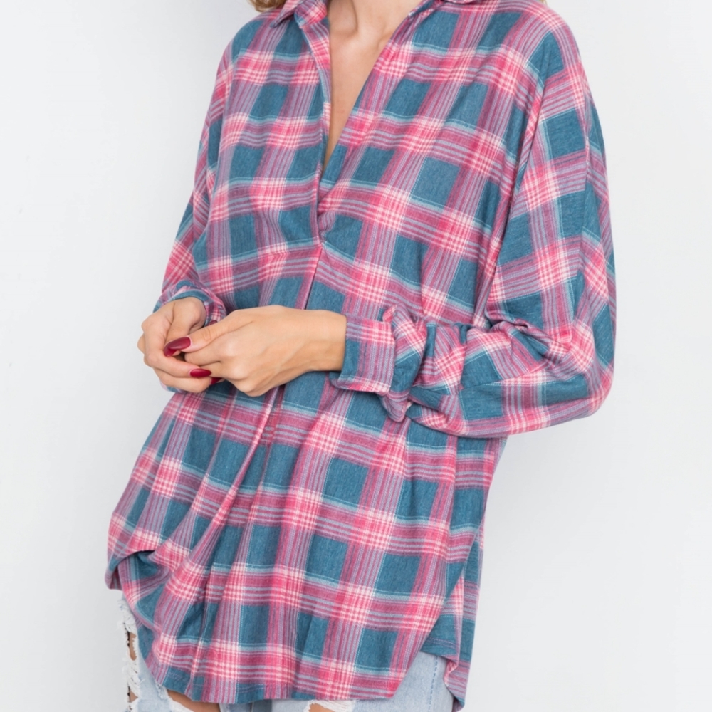 Coverstitch Teal & Red Plaid Flannel Front Knot… - Picture 2 of 9